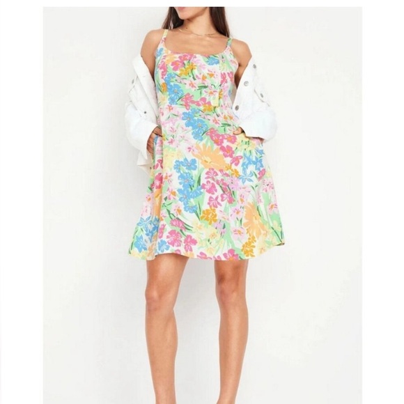 NWT Old Navy Linen Blend Pink/Orange Floral Fit & Flare Cami Mini Dress Size XS - Picture 3 of 16